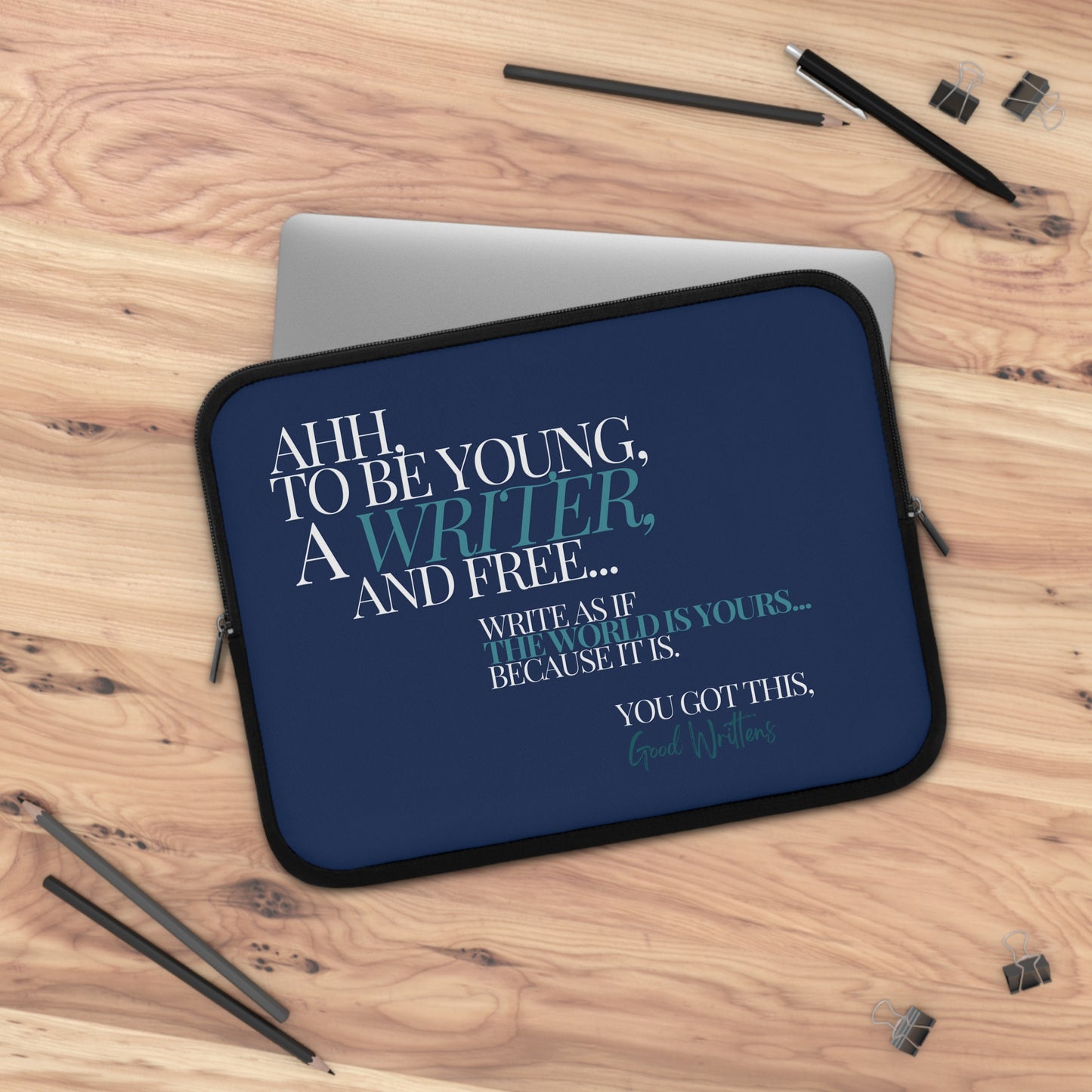 Young, Writer and Free Laptop Sleeve. Blue